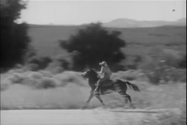 Wide Shot Van Cowgirl Paard Galopperen Platteland Jaren 1930 — Stockvideo