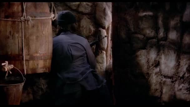 1970年代のキャビン内の壁の隙間を通してライフル銃を撃つ男 — ストック動画