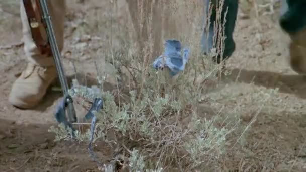Dwóch Mężczyzn Znaleźć Strzępy Niebieski Tkaniny Suchy Krzew Lesie 1980 — Wideo stockowe
