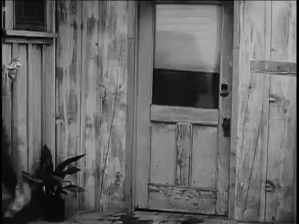 Rear View Cowboy Kicking Wooden Door 1940S Royalty Free Stock Video