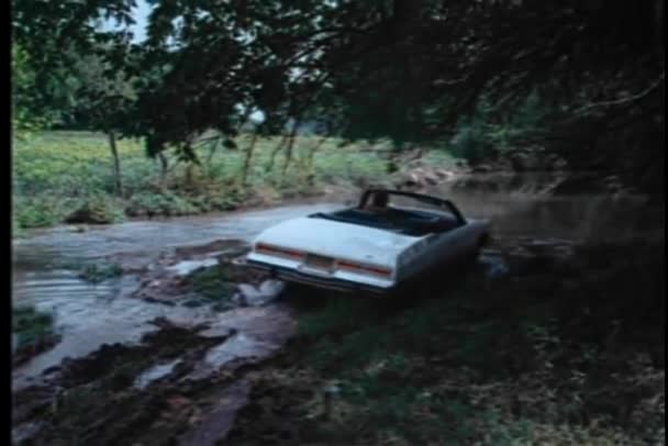 Zadní Pohled Člověka Kabriolet Projížděl Creek — Stock video
