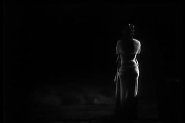 風の強い夜のビーチに立っている女性の背面図 — ストック動画