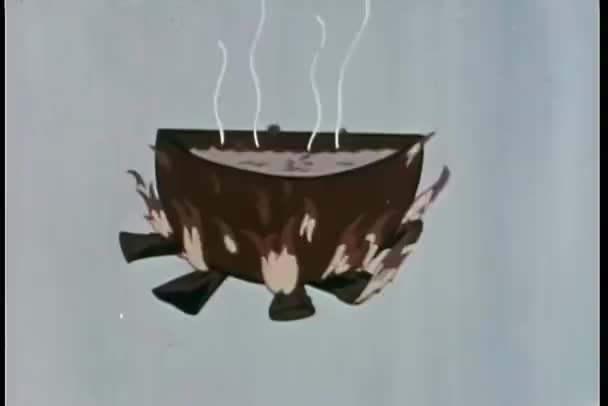 Caldero Sobre Fuego Abierto Animación Vintage Sobre Fondo Blanco — Vídeos de Stock