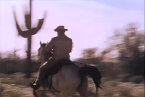 Cowboy Hästryggen Galopperar Förbi Kaktusar Arizona 1960 Tal — Stockvideo