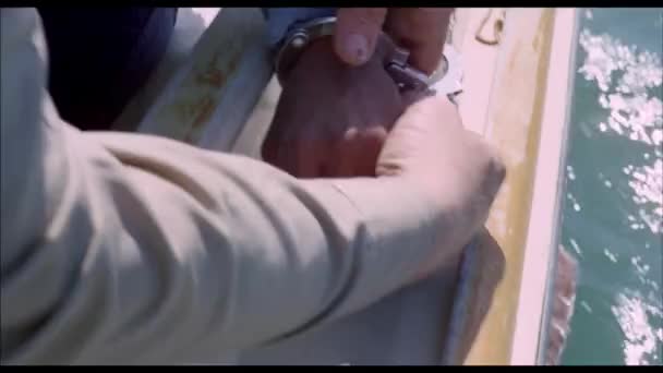 Close Handcuff Removed Person Boat 1970S — Stock Video