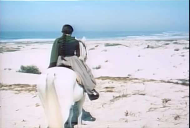 Mujer Caballo Observando Hombre Caballo Galopando Playa — Vídeos de Stock