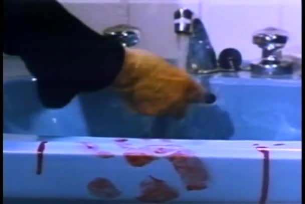 Μεγέθυνση Της Χέρι Τον Καθαρισμό Του Αίματος Βάφονται Νεροχύτη Σφουγγάρι — Αρχείο Βίντεο