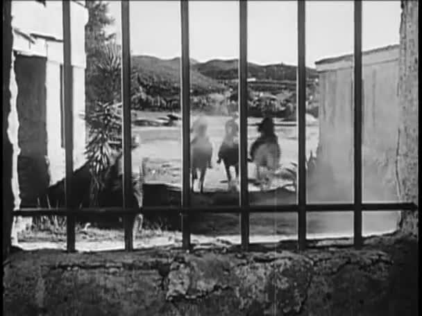 銃撃戦 1940 年代中に馬に乗ってカウボーイの視点 Througfh 刑務所バー — ストック動画