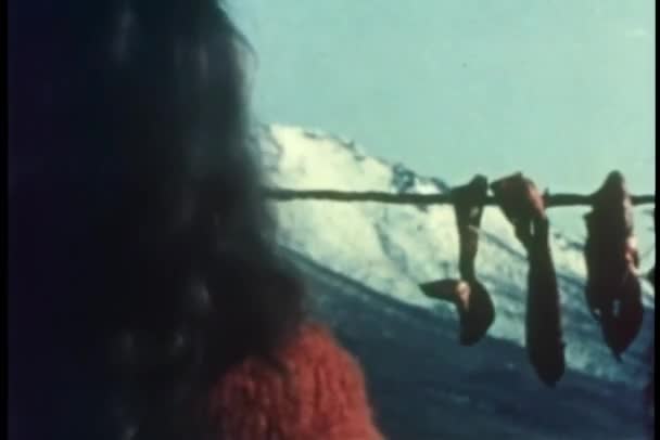 Rear View Woman Hanging Strips Caribou Meat Dry — Stock Video