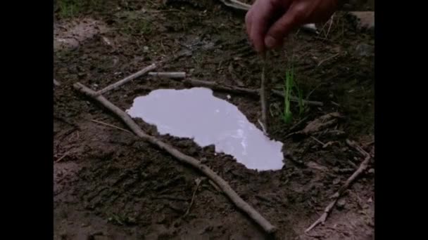 男は石膏鋳造 地面に足跡 1970 — ストック動画