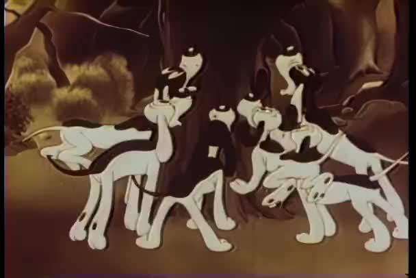 Vintage Aged Footage Cartoon Dogs Barking Tree — Stock Video