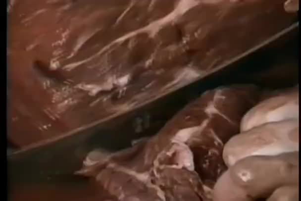 Крупный План Ручной Резки Сырого Мяса — стоковое видео