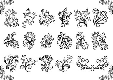 Tasarım için çiçek elementleri. Siyah çiçekli dövmenin soyut bir örneğini hazırla. Bağbozumu seti.