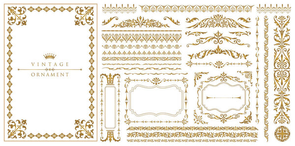 Gold vintage frames. Set of Decorative borders set, floral ornament, Vector antique decor