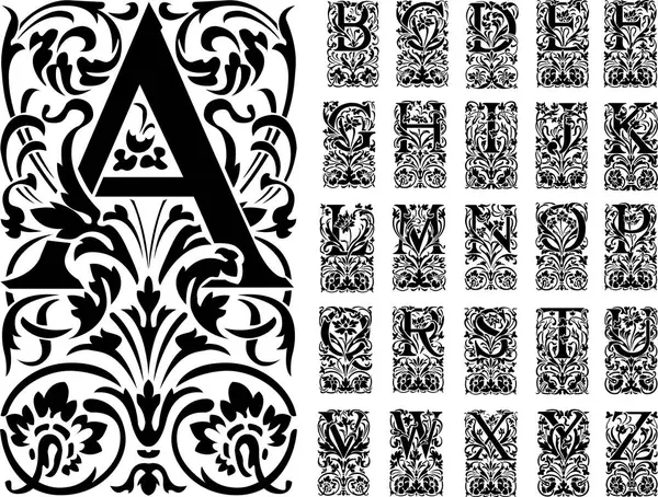 Ortaçağ alfabesi. Klasik dekoratif mektup. El çizimi dekoratif yazı tipi vektör kümesi. Kart, davetiye, monogram, logo için güzel kraliyet yazı tipi tasarımı.