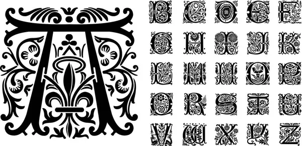 Klasik dekoratif mektup. Ortaçağ alfabesi. El çizimi dekoratif yazı tipi vektör kümesi. Kart, davetiye, monogram, logo için güzel kraliyet yazı tipi tasarımı.