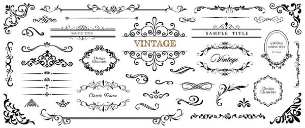Design elements set. Ornate vintage borders and frames, scroll elements. Classic calligraphy swirls, swashes, floral motifs