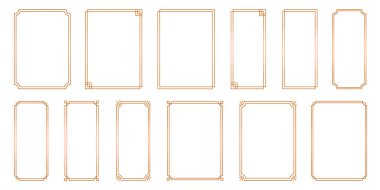 Basit, çift vuruşlu altın çizgili çerçeveler. Metni süslemek için dikey boş şablon koleksiyonu. Vektör kenarlıkları ve çerçeveleri.