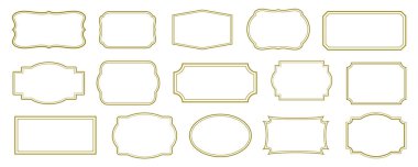 Antika etiketler ve rozetler koleksiyon şeklinde. Çift vuruşlu basit çizgi çerçeveleri. Metni süslemek için boş şablonlar koleksiyonu. Vektör illüstrasyonu.