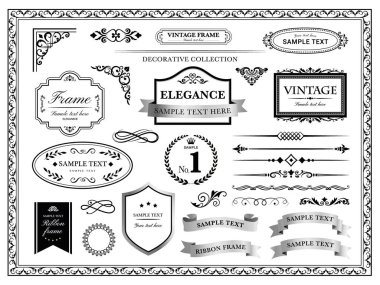 Etiketler, rozetler, eski kurdeleler. Typography tasarım elementleri. Dekoratif vektör çerçeveleri ve sınırları. Klasik çiçek tasarım elementleri.