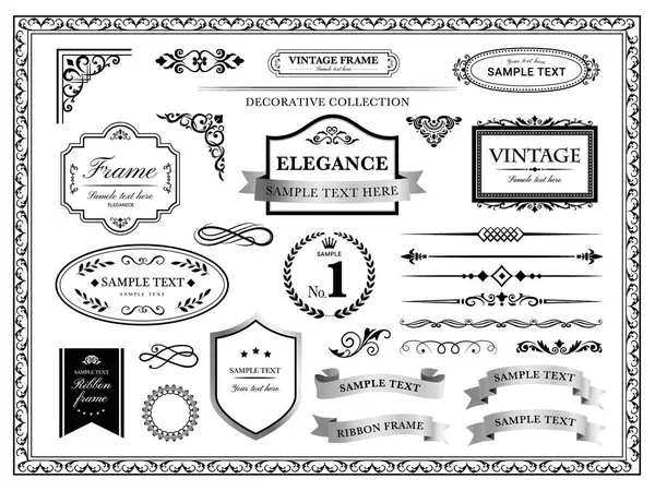 Etiketler, rozetler, eski kurdeleler. Typography tasarım elementleri. Dekoratif vektör çerçeveleri ve sınırları. Klasik çiçek tasarım elementleri.