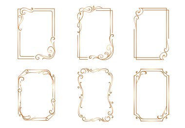 Klasik dekoratif çerçeveler. Girdap ve süslemeli zarif altın çerçeveler. Davetiyeler, sertifikalar, düğün tasarımları ve retro dekorlar için mükemmel. Vektör illüstrasyonu.