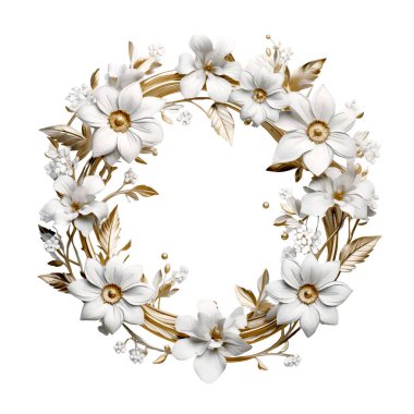 Beyaz ve altın çiçekli zarif bir çelenk. Davetiyeler, kartlar, ambalajlar ve romantik tasarımlar için mükemmel..
