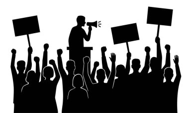 Elleri ve tabelaları havada, megafonlu bir hoparlörü dinleyen protesto kalabalığının silüeti. Eylemcilik, gösteri, özgürlük ve siyasi hareket kavramı.