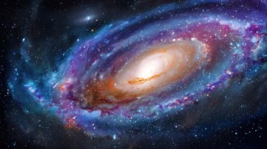 Parlayan bir sarmal galaksi uzayın derinliklerinde hareketli nebula kolları ve parlak beyaz bir çekirdekle dönüyor. Sinema bilimkurgu animasyonu yumuşak hareket ve yıldızlı arka plan.