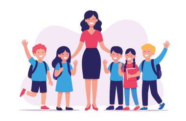 Neşeli okul çocukları bir arada duran mutlu öğretmen. Eğitim anlayışı, okula dönüş, arkadaşlık ve erken öğrenme.