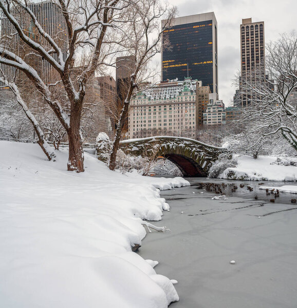 Gapstow Bridge in Central Park after snow storm, early morning