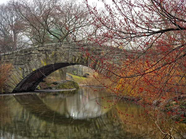Gapstow Bridge Central Park Early Spring Foggy Morning — Stockfoto