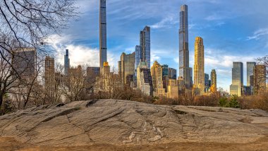 Central Park in winter . skyline of Midtown Manhattan, NYC
