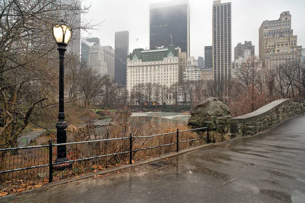 Gapstow Bridge Central Park Winter Rainy Morning — Stockfoto