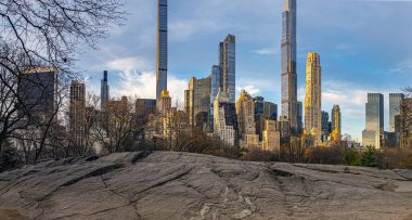 Central Park in winter with panoramic of Midtown Manhattan
