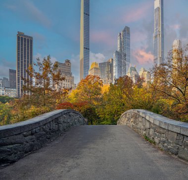 Central Park 'taki Gapstow Köprüsü, sonbaharın erken saatlerinde.