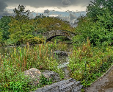 Central Park 'taki Gapstow Köprüsü Sonbaharın başlarında yağmurlu bir günde