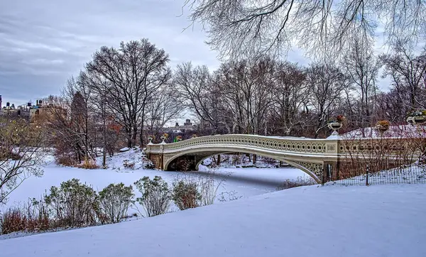 Most Gapstow Central Parku Zimě Sněhové Bouři — Stock fotografie