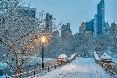 Central Park 'taki Gapstow Köprüsü şafak vakti kar fırtınası sırasında