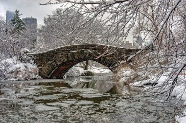 Kar fırtınası sırasında Central Park 'taki Gapstow Köprüsü.