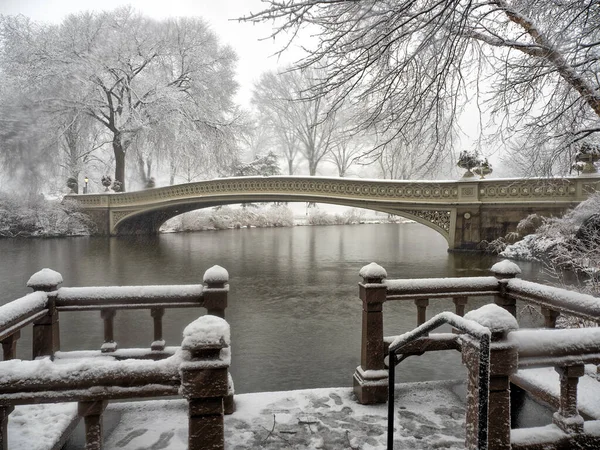 Bow Bridge Central Park Νέα Υόρκη Νωρίς Πρωί Κατά Διάρκεια — Φωτογραφία Αρχείου