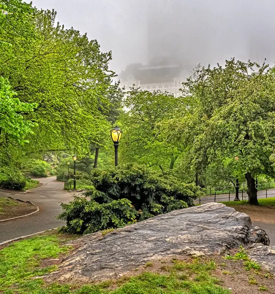 Frühling Central Park New York City Ein Nebliger Regnerischer Morgen Stockfoto