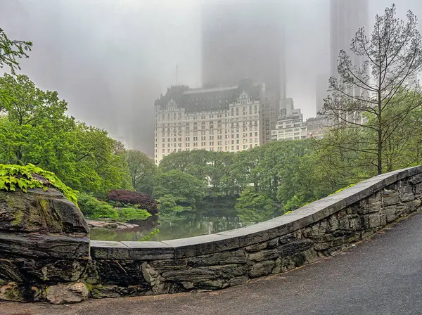 Gapstow Bridge Central Park Späten Frühling Einem Nebligen Morgen Stockfoto