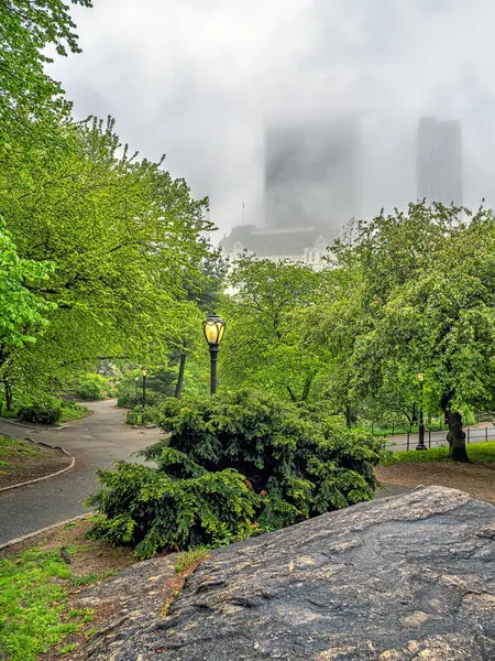 Forår Central Park New York City Tåget Regnfuld Morgen Royaltyfrie stock-billeder
