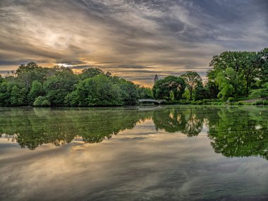 Central Park 'taki gölde, New York' ta, Manhattan 'da, Bow Köprüsü' nde.
