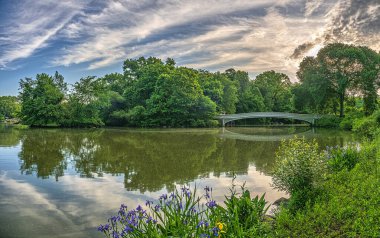 Central Park 'taki gölde, New York' ta, Manhattan 'da, Bow Köprüsü' nde.