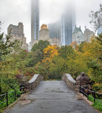 Central Park 'taki Gapstow Köprüsü Sonbaharın başlarında, sabah