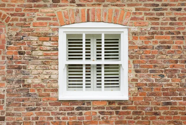Exterior Old Brick House Wooden Sash Window Wooden Blinds England — Stock Photo, Image