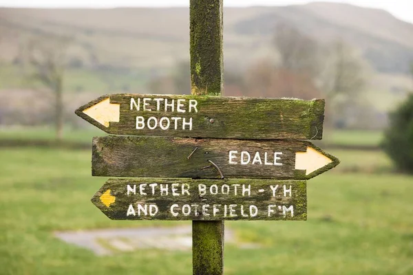 Old wooden footpath sign pointing to Nether Booth and Edale. Peak District, Derbyshire, UK