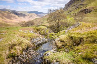 İlkbaharda Cumbria 'da bir vadi boyunca akan akarsu. Far Easedale Gill, Grasmere, Lake District, İngiltere